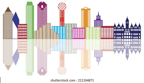 Dallas Texas City Skyline Outline Color Silhouette Panorama Isolated on White Background Vector Illustration