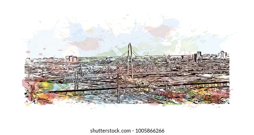 The Dallas, Texas skyline reflects of a pond under the Margaret Hunt Hill Bridge. Watercolor splash with hand drawn sketch illustration in vector.