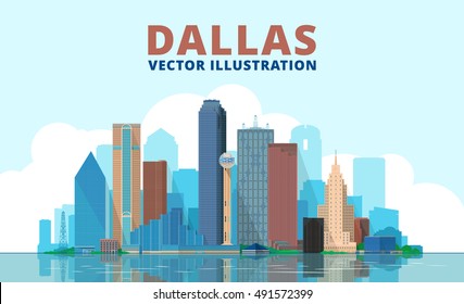 Dallas Texas skyline vector illustration. Blue background with city panorama. Travel picture.