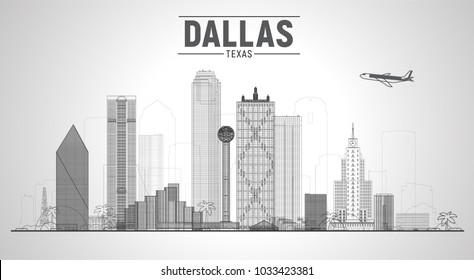 Dallas Texas Us city skyline vector illustration on white background. Business travel and tourism concept with modern buildings. Image for presentation, banner, web site.