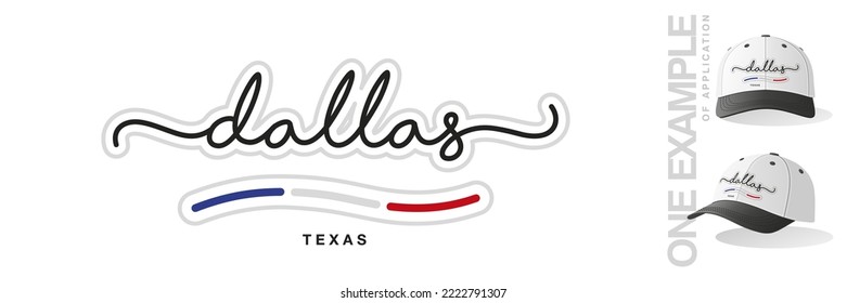 Dallas Texas USA, abstract Texas flag ribbon, new modern handwritten typography calligraphic logo icon with example of application