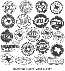 Dallas, TX, USA Set of Stamps. City Travel Marks. Made In Product. Design Seals Old Style Insignia.