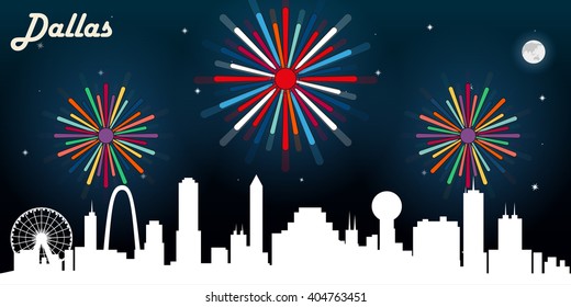 Dallas USA skyline silhouette vector design, dark night sky with fireworks