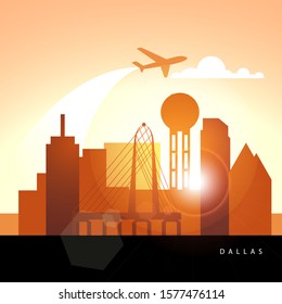 Dallas USA sunset detailed silhouette. Trendy vector illustration, flat style. Stylish colorful landmarks. The concept for a web banner. Business travel icon 