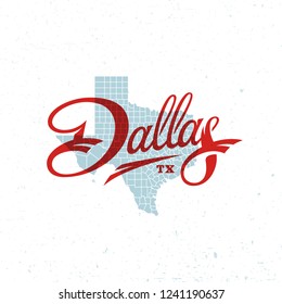 Dallas Word Lettering Design With A Map Of Texas. Vector Illustration.