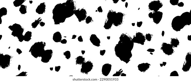 Dalmatian animal fur seamless pattern. Brush drawn spot background. Simple irregular geometric design. Vector ink dot seamless banner. Cow texture pattern. Random bovine spots or blots.