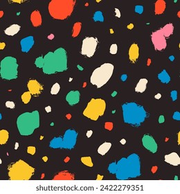 Dalmatian animal fur seamless pattern in bright colors. Hand drawn grunge blots and spots. Various brush strokes. Stained background. Random hand drawn spots. Abstract blobs texture. Ink splatter.