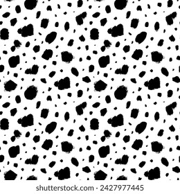 Dalmatian animal fur seamless pattern. Hand drawn grunge blots and spots. Various brush strokes. Stained background. Random hand drawn spots. Abstract blobs texture. Seamless ink splatter.