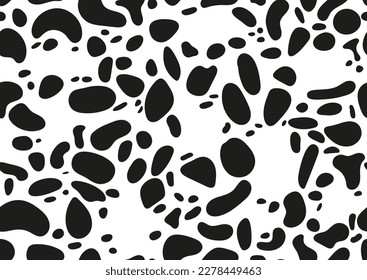 Dalmatian animal seamless pattern with spot texture on skin. Absract animal print design - dog or cow black spots on background for fibres and textile. Simple dalmation endless leather backdrop.
