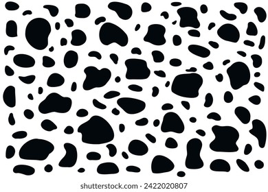 Dalmatian black and white pattern. Seamless cow print. Animal skin texture. Abstract black drops and blob shape set. Collection of paint liquid blotch spot irregular form