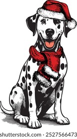 Dalmatian breed in red hat of Santa Claus, Funny Christmas Dog, Dog Christmas Winter Holiday , Cute Christmas Dog