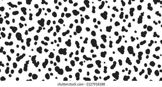 Dalmatian coloration banner. Black abstract organic blobs on white background. Black dalmatian spots on a white backdrop. Animal print. Vector hand drawn illustration. svg