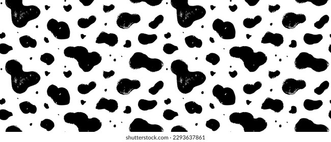 Dalmatian or cow animal fur seamless pattern. Simple irregular vector design. Brush drawn black blobs, spots and dots. Seamless fur texture. Horizontal dalmatian background. Grunge abstract pattern.