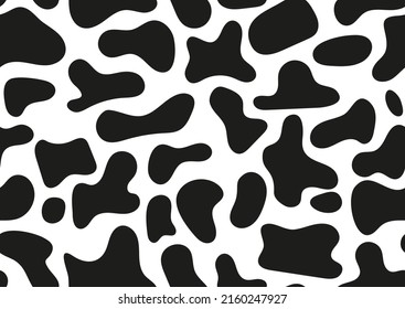 Dalmatian or cow seamless pattern animal spot print on white skin. Absract design shapes dog or cow black stains on white background for wallpaper fibres and textile. Simple endless leather backdrop.