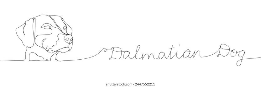 Dalmatian, dog breed, companion dog one line art. Continuous line drawing of friend, dog, doggy, friendship, care, pet, animal, family, canine with inscription, lettering, handwritten.