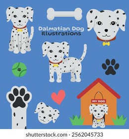 Dalmatian Dog - Cute Illustrations in Different Poses, Sitting, Side, Head, Paw and Lying in Doghouse. Cartoon in Flat Design.