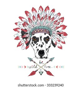 Dalmatian dog dressed up in Aztec style, hand drawn animal illustration, native american poster, t-shirt design