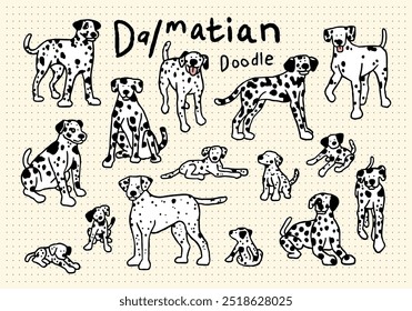 Conjunto de doodle desenhado à mão de cão dálmata