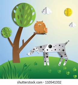 Dalmatian dog hunts for the cat. Paper cut out style illustration