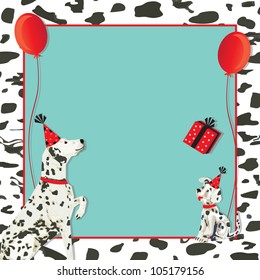 Dalmatian dog invitation and puppy dog with party hats, gift and red balloons on a spotted dalmation black and white background. svg