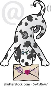Dalmatian dog with a mail envelope in his mouth