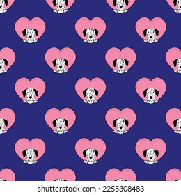 Dalmatian dog with paws pattern, Valentine's day heart wallpaper. Love heart with pet head holiday texture. Dog face Holding Heart Cartoon square background. St Valentine's day fashion present paper.