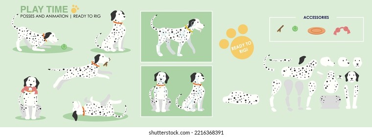 Perro dálmata listo para animar. Ilustración vectorial con poses, y descompuesta lista para manipular. Perro juguetón con juguetes y accesorios. Animación lista