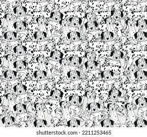 Dalmatian dog seamless pattern. Cute cartoon style. Fabric, wallpaper, home decor, white spotted dog, doodles art, creative baby illustration