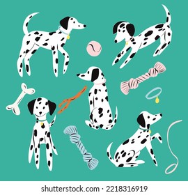 Dalmatian dog set. Cute puppy and toys. Perfect for creating fabrics, textiles, wrapping paper, and packaging.
