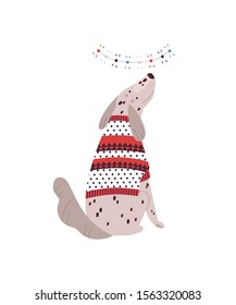 Dalmatian dog in sweater flat vector illustration. Cute pet looking at Christmas garland. Cartoon domestic animal in traditional Xmas clothes. Funny spotted pet isolated on white background.