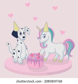 Dalmatian dog and unicorn with birhday cake