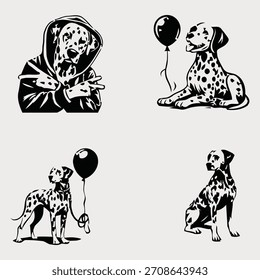 Conjunto de Vector para perros dálmatas: sudadera con capucha fresca, sentada, de pie y con globo sosteniendo Ilustraciones para mascotas