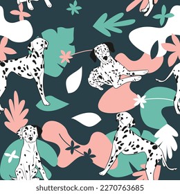 Dalmatian dog wallpaper with leaves, palms, flowers, plants. Pastel green, pink, navy. Holiday abstract natural shapes. Seamless floral background with dogs, repeatable pattern. Birthday wallpaper. 