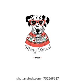 Dalmatian dog wearing  jacquard pullover, Merry Christmas card