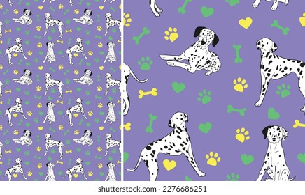 Dalmatian dogs on a playful violet background with bones, hearts, paws. Funky, colorful vibe, vibrant palette. Simple, clean, modern texture. Summer seamless pattern with dogs. Birthday present, card.