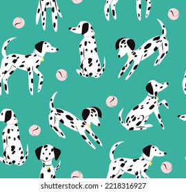 Dalmatian dogs play with ball seamless  pattern. Perfect for creating fabrics, textiles, wrapping paper, and packaging.