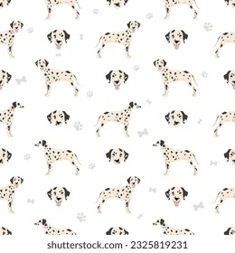 Dalmatian dogs seamless pattern. Different poses, coat colors set.  Vector illustration