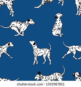 Dalmatian dogs. Vector pattern on a classic blue background.