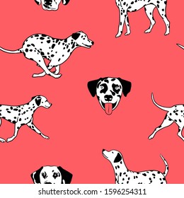 Dalmatian dogs. Vector pattern on a coral background.