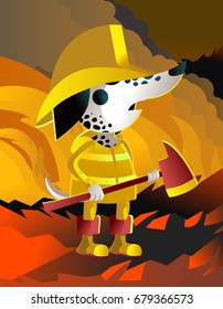 dalmatian firefighter dog with an axe in the fire