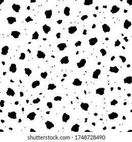 Dalmatian Fun Texture. Black Animal Splash. Dirty Blob. Jaguar Blob. Giraffe Spray Dirt. Cheetah Blotter. Graffiti Dot. Seamless Fur Splatter. Vector Stain. White Dirty Ink. Seamless Print Pattern