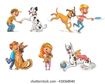Dalmatian giving paw to a boy. Boxer dog playing with a boy in a frisbee. Child hugging his pet. Funny cartoon character. Vector illustration. Isolated on white background