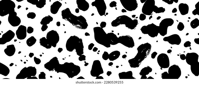 Dalmatian hand drawn seamless pattern. Animal skin background. Cow, leopard and dalmatian vector pattern. Different blobs, spots and dots. Farm animal textural banner. Wallpaper with round shapes.