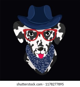Dalmatian! Hand Drawn Vector Fashion Portrait of Dalmatian with sunglasses.Animal print.