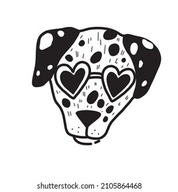 Dalmatian head in black and white hand draw illustration. Cute puppy with glasses in doodle style. Cheerful drawing for valentine's day.