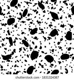 Punto del vector de textura de tinta dálmata. Esplash de animales blancos. Vaca de agua negra. Giraffe Stain Dirt. Patrón de pintura sin inconvenientes. Mancha Sucia De Animales Blob. Tinta de graffiti de jirafa de Inkblot. Fondo De Perro Sin Pena.