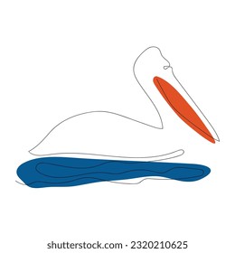 Pelícano dálmata (Pelecanus crispus) sobre el plano continuo de un vector de una línea de agua. Dibujo a mano con pájaro estilo simple simple de lino simple. Esbozo.  Ilustración aislada sobre fondo blanco.