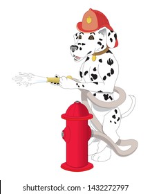 Dalmatian pup, standing close by a red fire hydrant, is wearing a fireman's hat and wagging his tail happily.