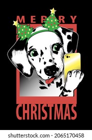 Dalmatian puppy in christmas tree headband with smartphone making selfie. Print for t shirt. Christmas vector illustration.