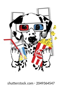 Dalmatian puppy portrait with popcorn and tea in 3d glasses. Vector illustration.